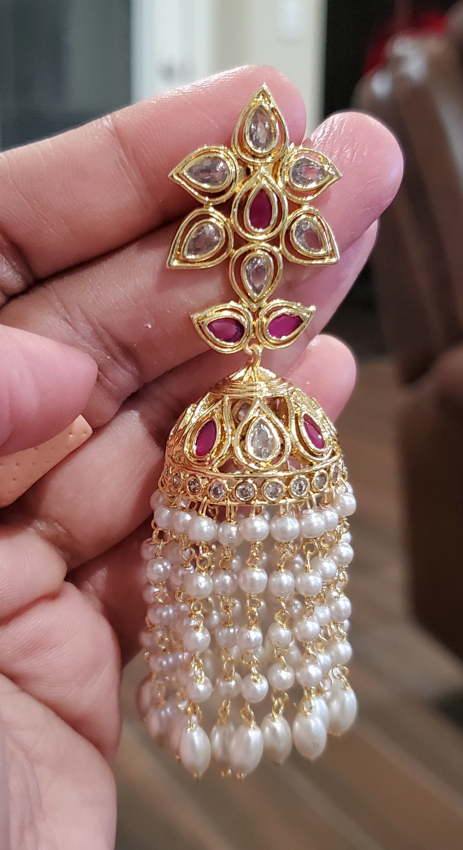 Long Pearl Tassel Jhumkas Ruby