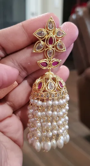 Long Pearl Tassel Jhumkas Ruby