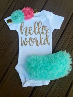 Luna Mint Coral And Gold Hello World Newborn Outfit Hello World Bodysuit Coming Home Outfit Girl
