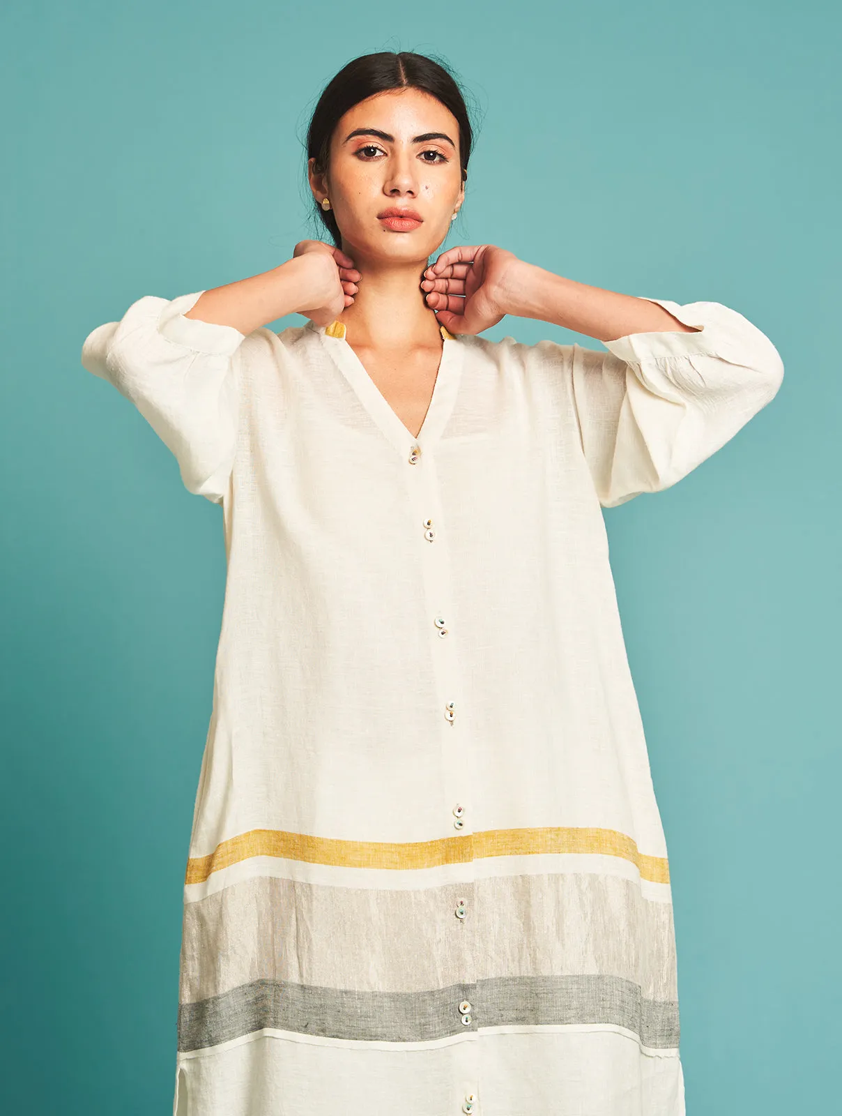 Manan   I   Nia Striped Linen Kurta - Ivory   Border Collection