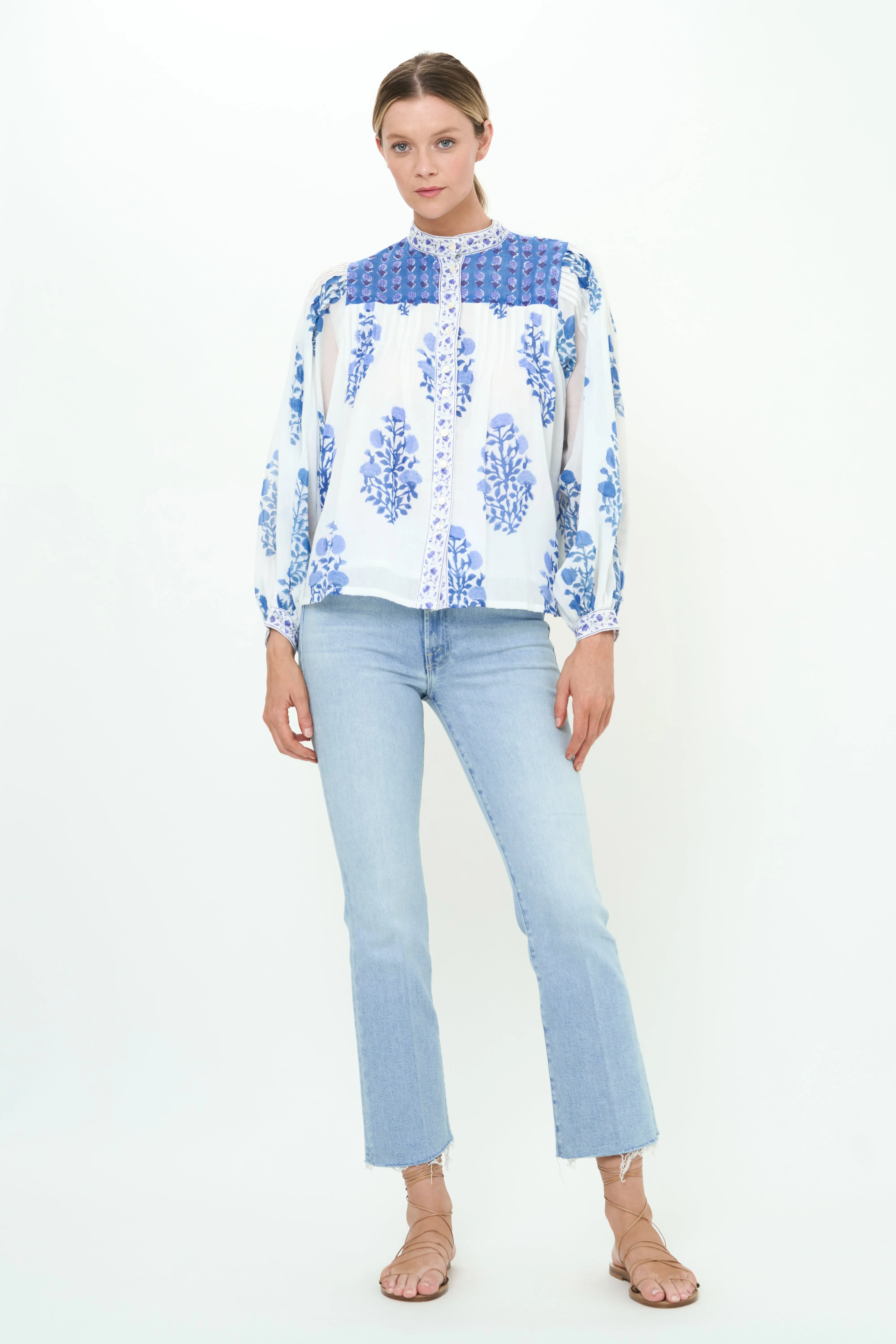 Mandarin Pintuck Blouse- Salvia Blue