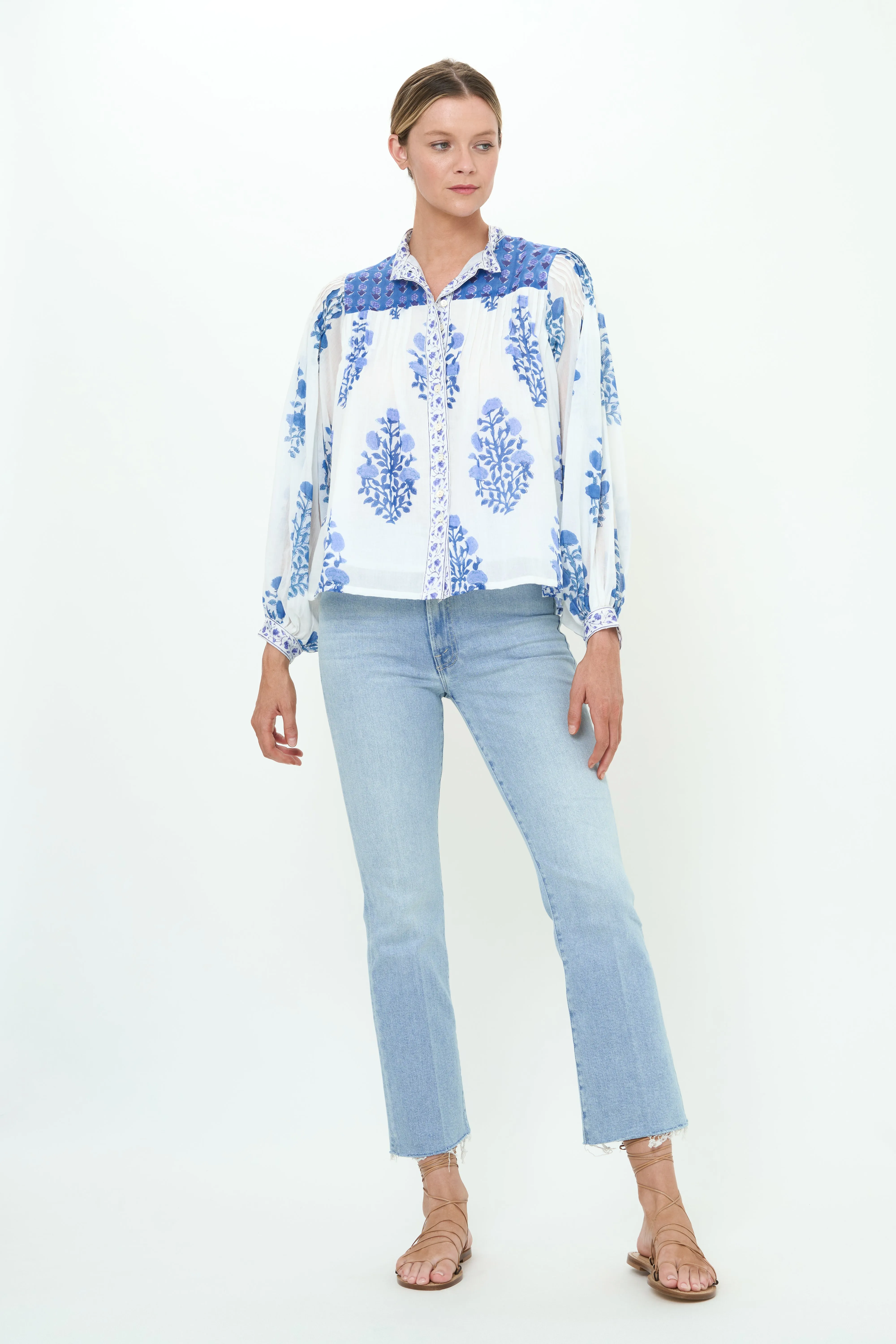 Mandarin Pintuck Blouse- Salvia Blue