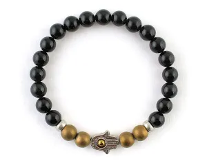 Men’s  hamsa bracelet with matte bronze hematite and black onyx beads