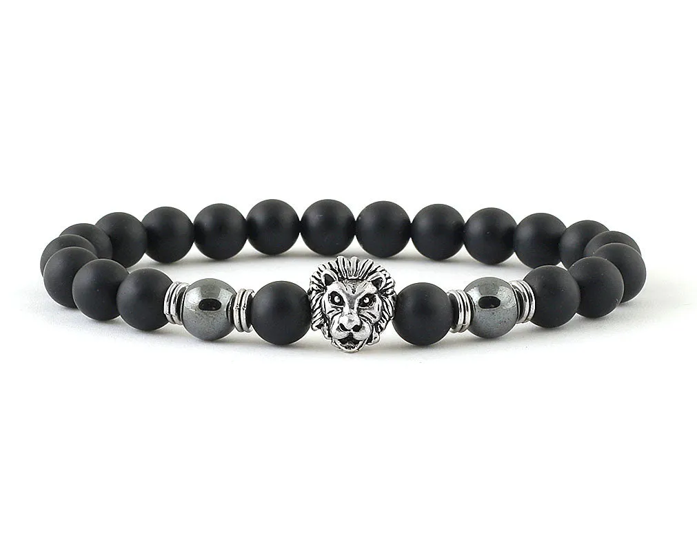 Men’s lion bracelet with black matte onyx and hematite beads