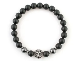 Men’s lion bracelet with black matte onyx and hematite beads