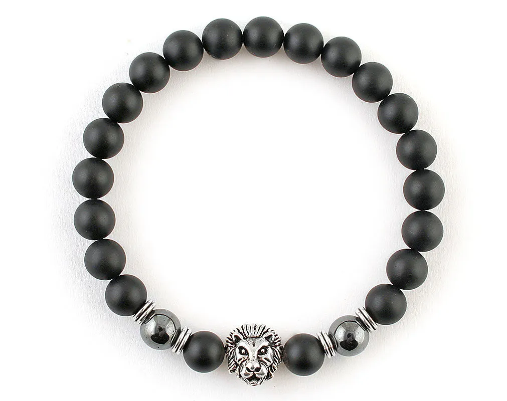 Men’s lion bracelet with black matte onyx and hematite beads