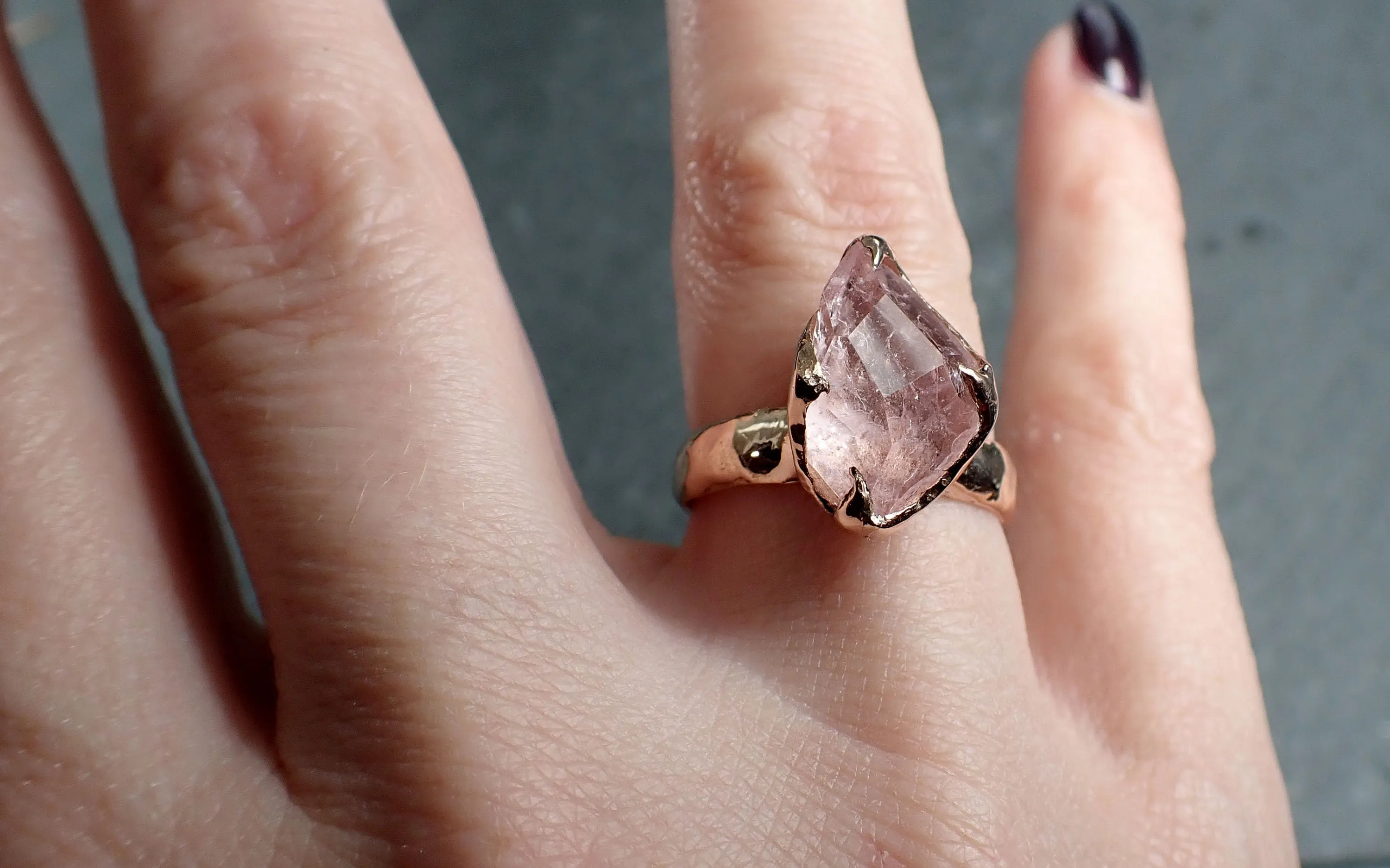 Morganite partially faceted 14k Rose gold solitaire Pink Gemstone Cocktail Ring Statement Ring gemstone Jewelry by Angeline 3049
