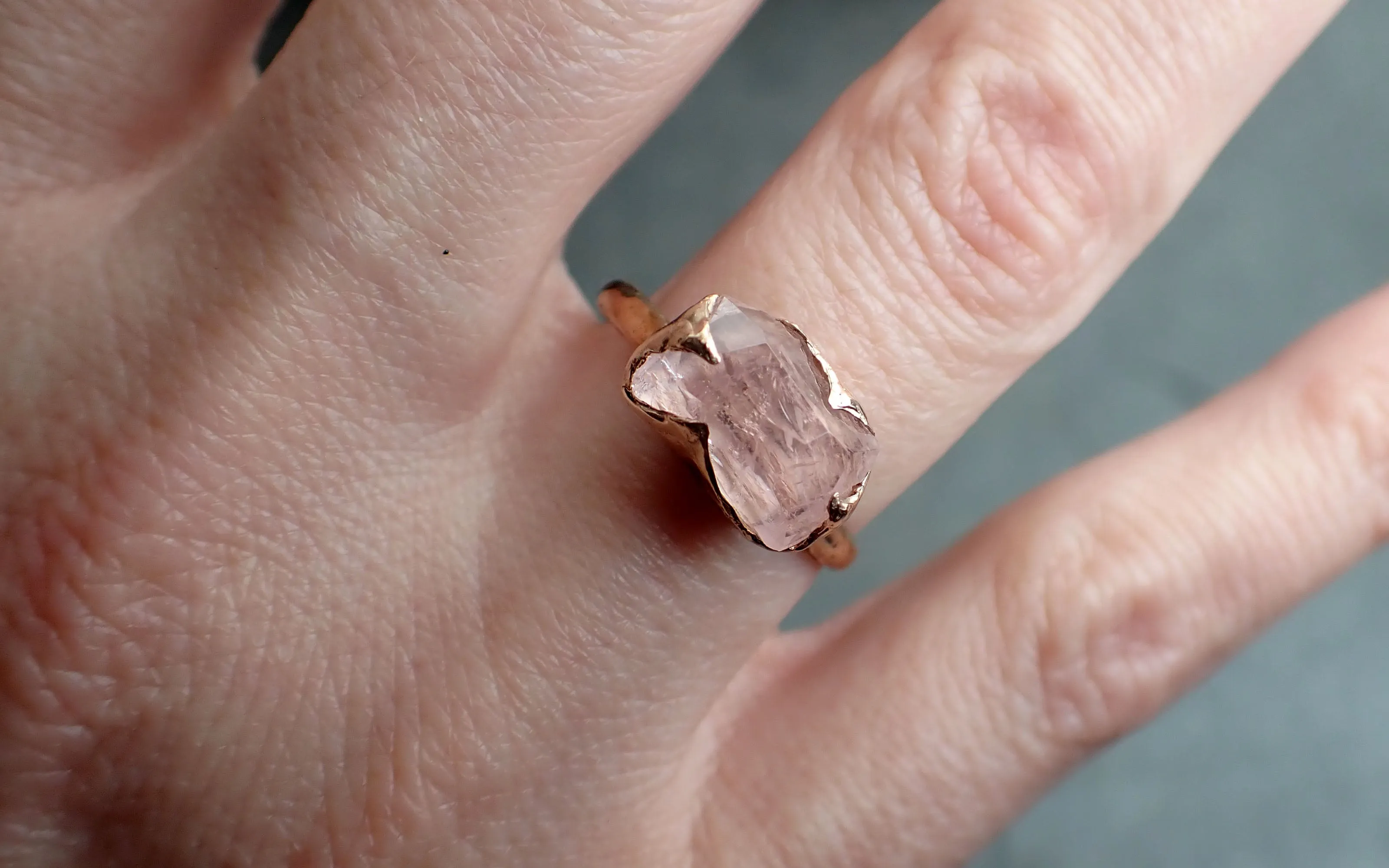 morganite partially faceted 14k rose gold solitaire pink gemstone ring statement ring gemstone jewelry by angeline 2401 Alternative Engagement