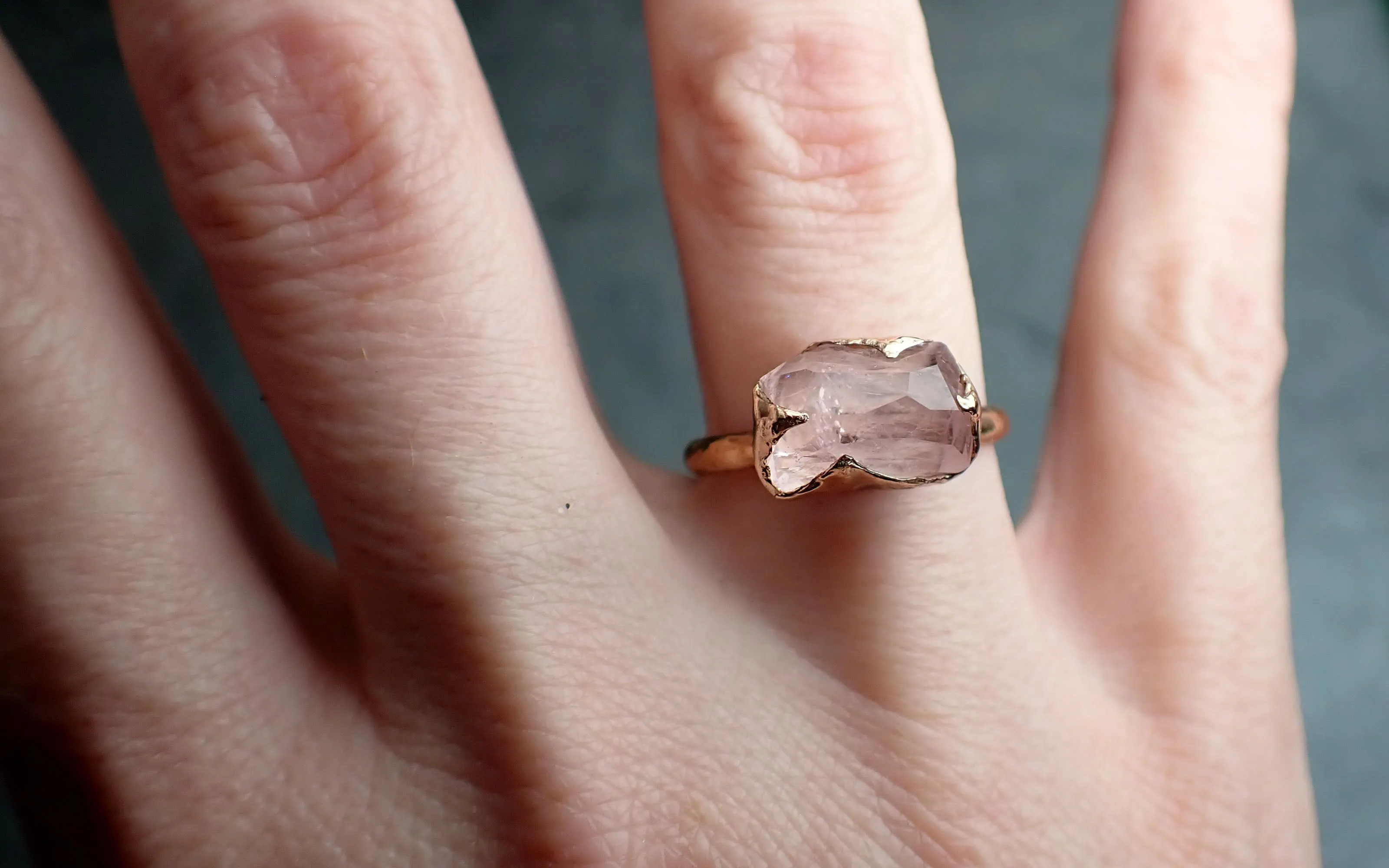morganite partially faceted 14k rose gold solitaire pink gemstone ring statement ring gemstone jewelry by angeline 2401 Alternative Engagement