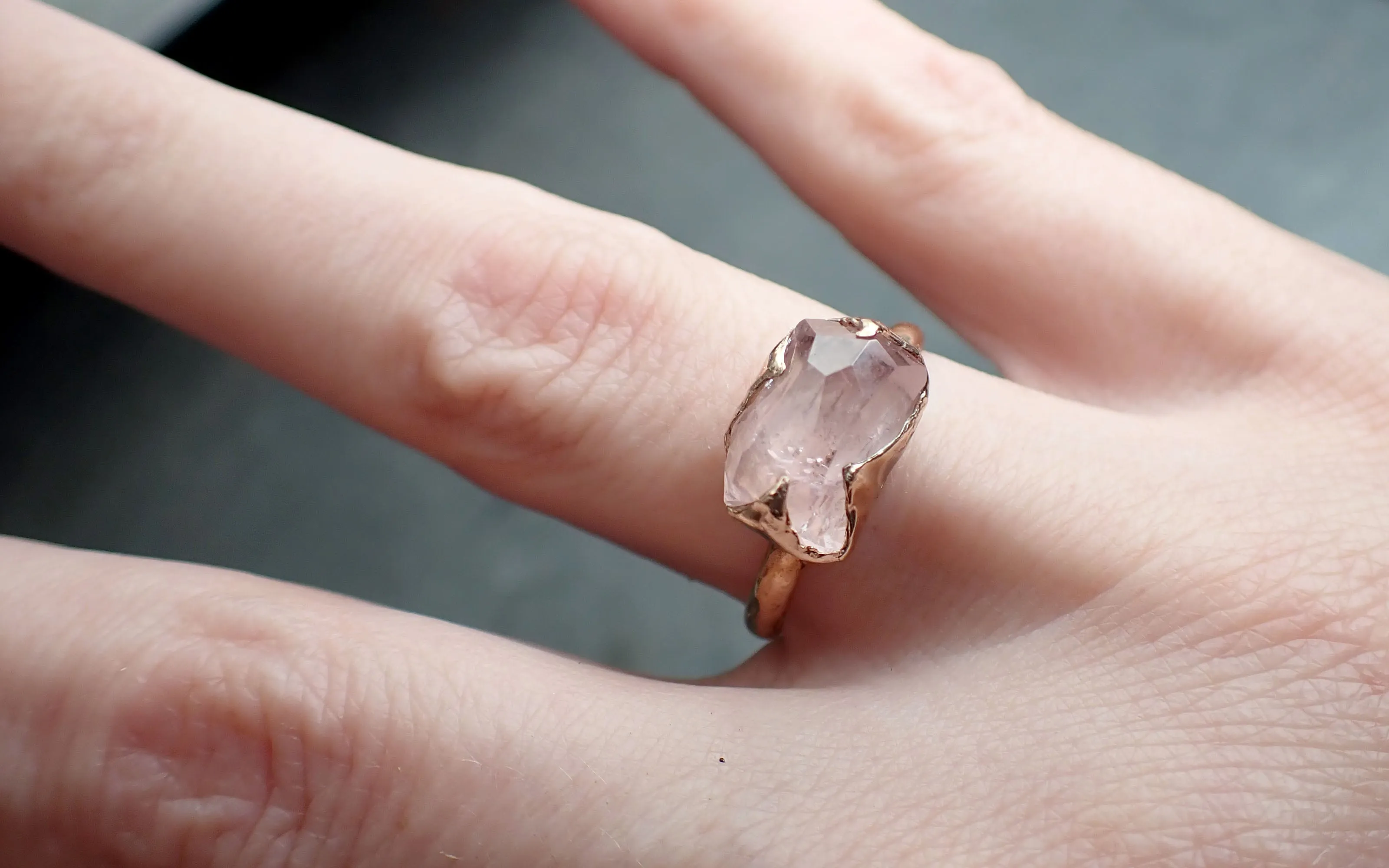morganite partially faceted 14k rose gold solitaire pink gemstone ring statement ring gemstone jewelry by angeline 2401 Alternative Engagement