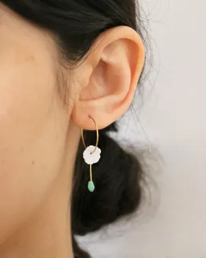 Mother of Pearl Flower Hoops with Green Hydro Quartz Drop Gold Earrings by Sage Machado