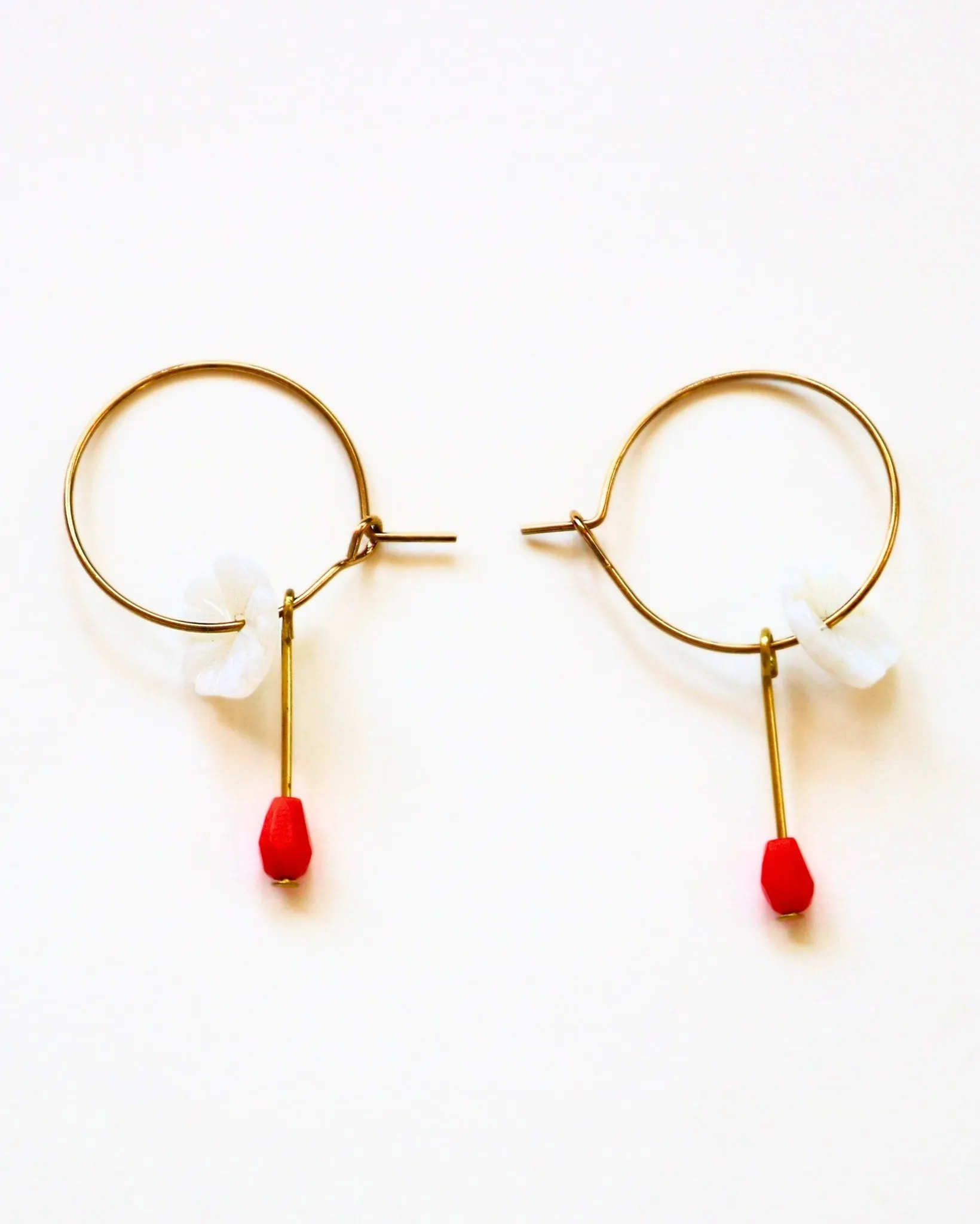 Mother of Pearl Flower Hoops with Red Hydro Quartz Drop Gold Earrings by Sage Machado