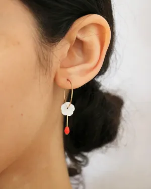 Mother of Pearl Flower Hoops with Red Hydro Quartz Drop Gold Earrings by Sage Machado