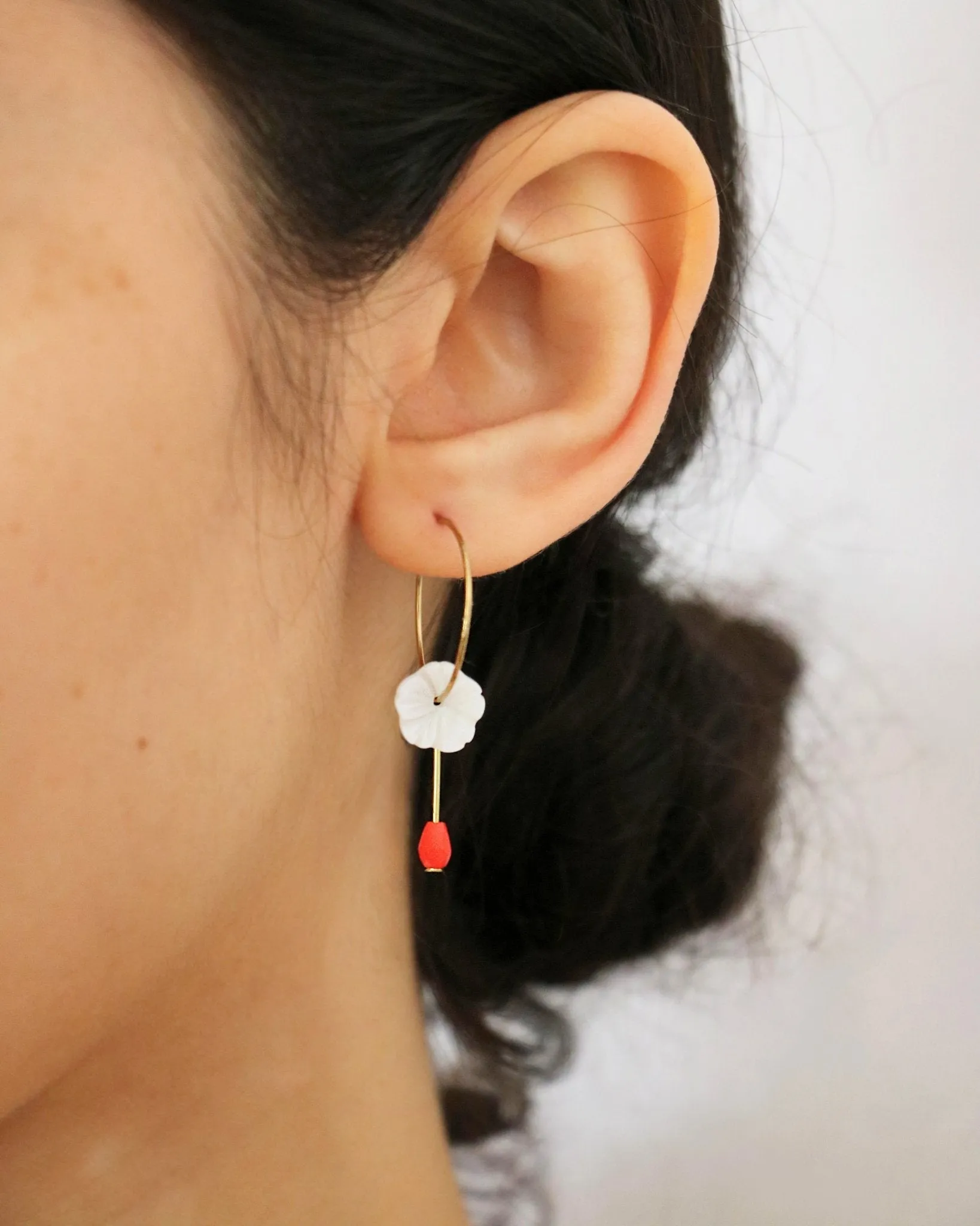 Mother of Pearl Flower Hoops with Red Hydro Quartz Drop Gold Earrings by Sage Machado