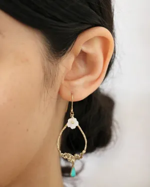 Mother of Pearl Framed Floral Teardrop with Turquoise Enamel Charm Gold Earrings by Sage Machado