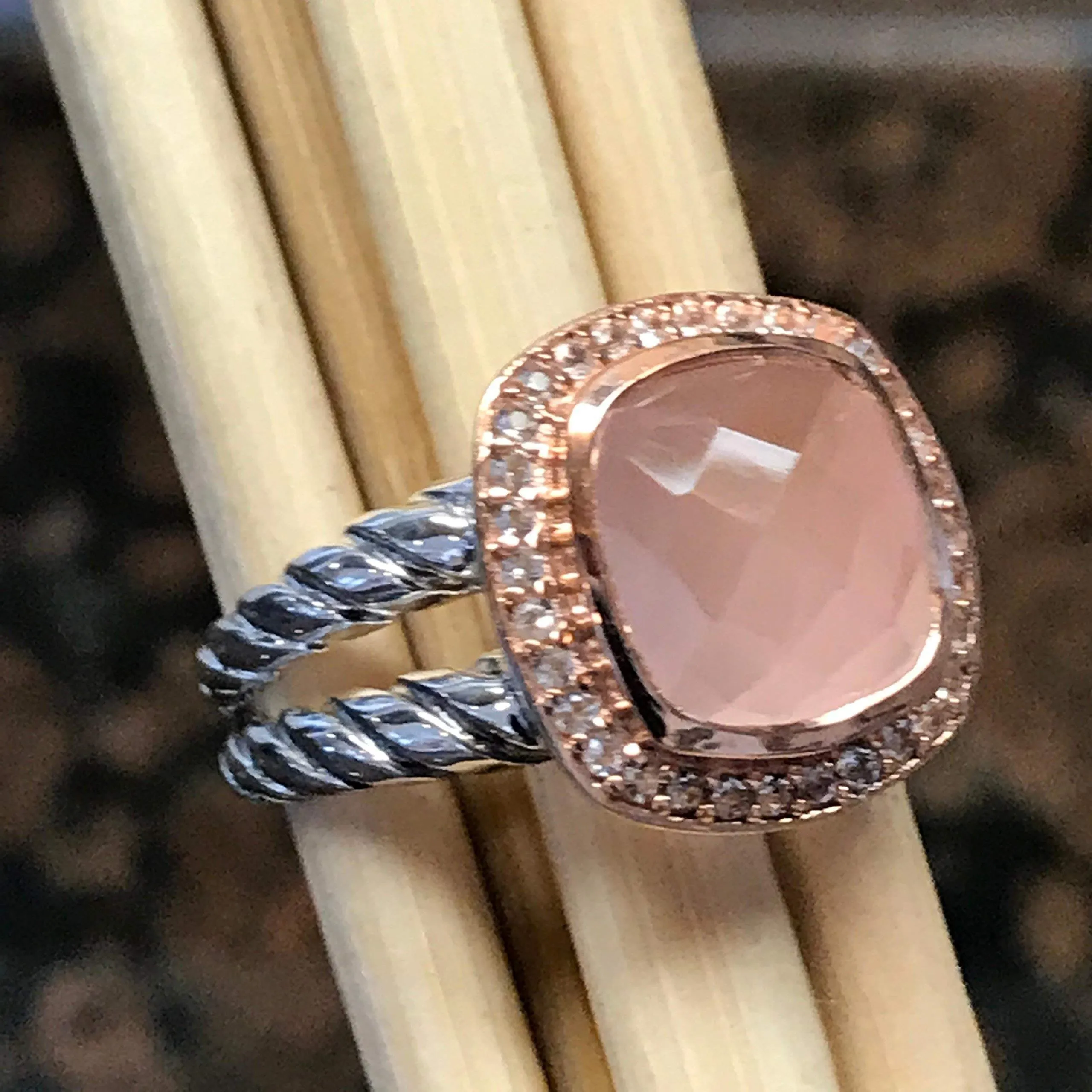 Natural Pink Rose Quartz 14k Rose Gold, 925 Sterling Silver Ring Size 6, 7, 8, 9