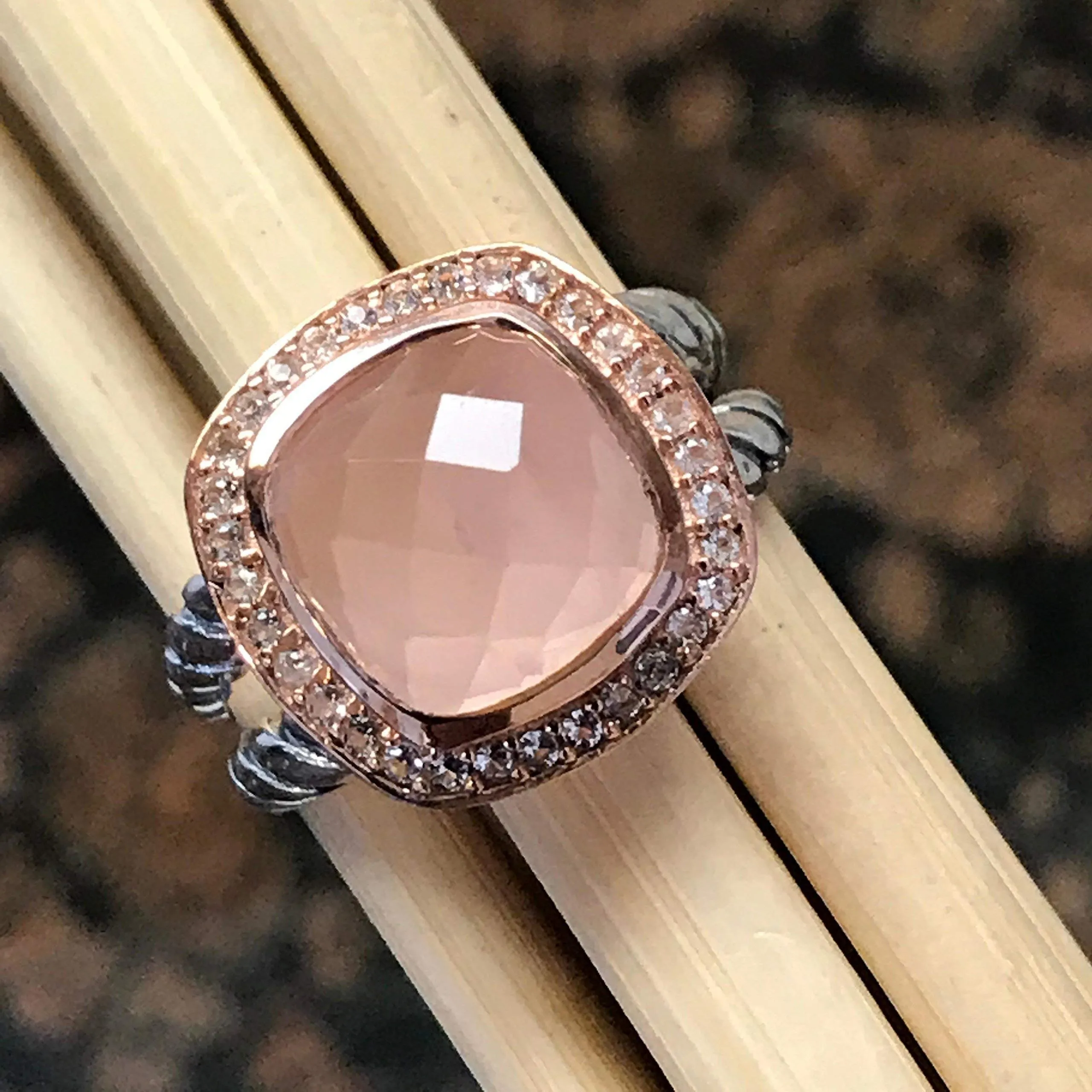 Natural Pink Rose Quartz 14k Rose Gold, 925 Sterling Silver Ring Size 6, 7, 8, 9