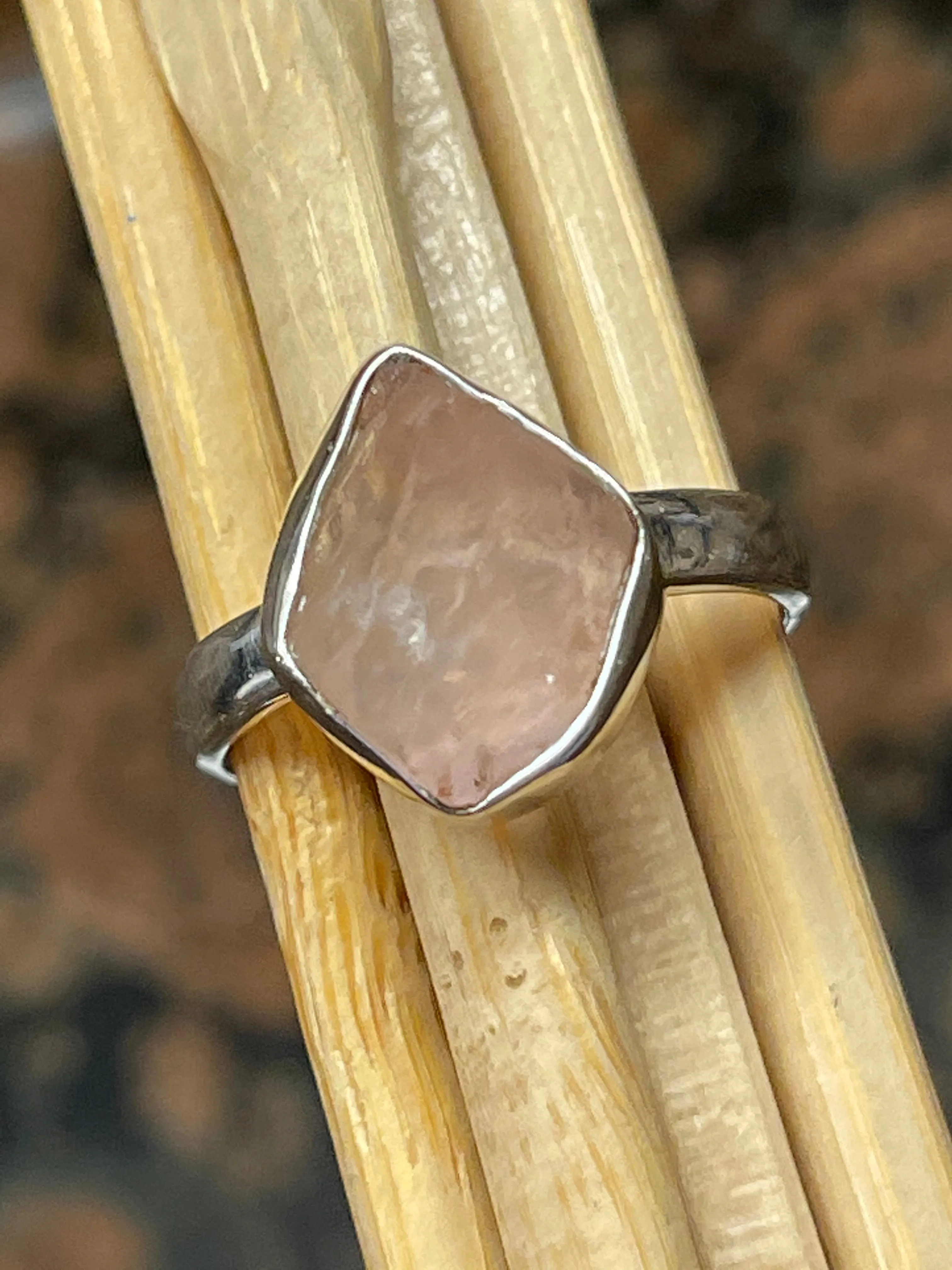 Natural Raw Pink Rose Quartz 925 Soild Sterling Silver Ring Size 9