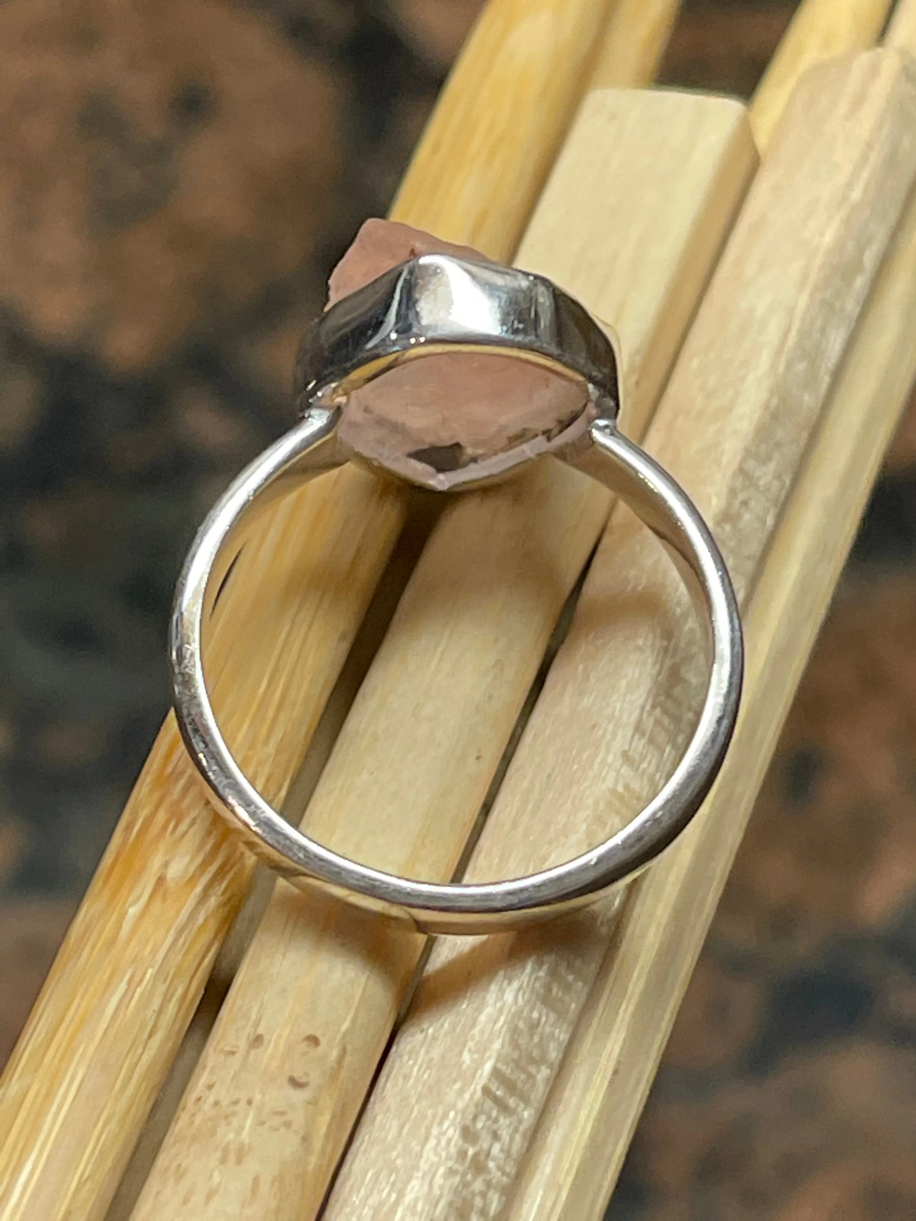 Natural Raw Pink Rose Quartz 925 Soild Sterling Silver Ring Size 9