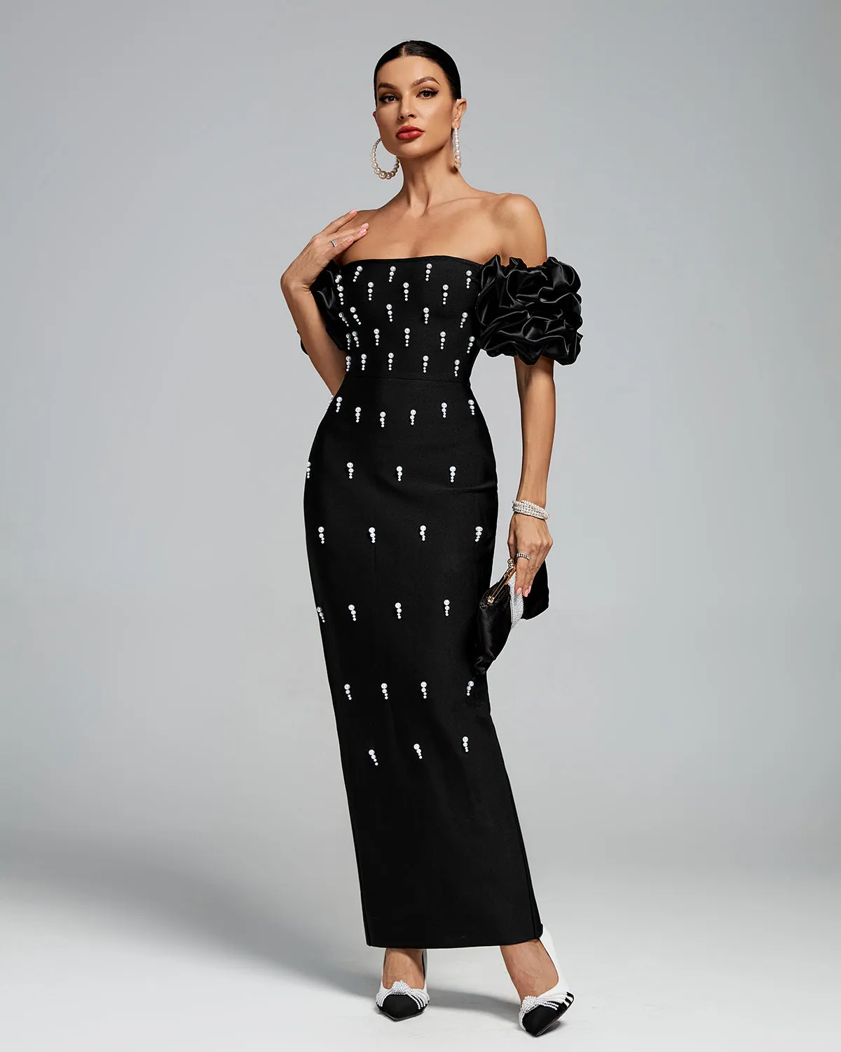 Off Shoulder Pearl Embroidered Bandage Maxi Dress