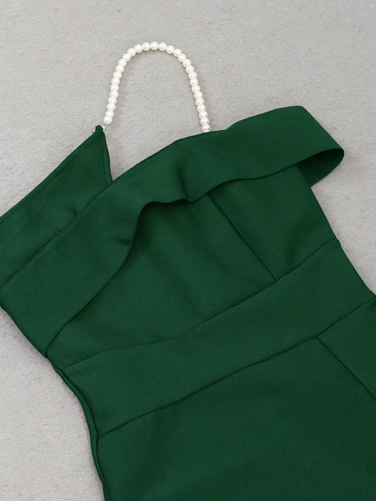 One Shoulder Pearl Midi Bandage Dress HB0067