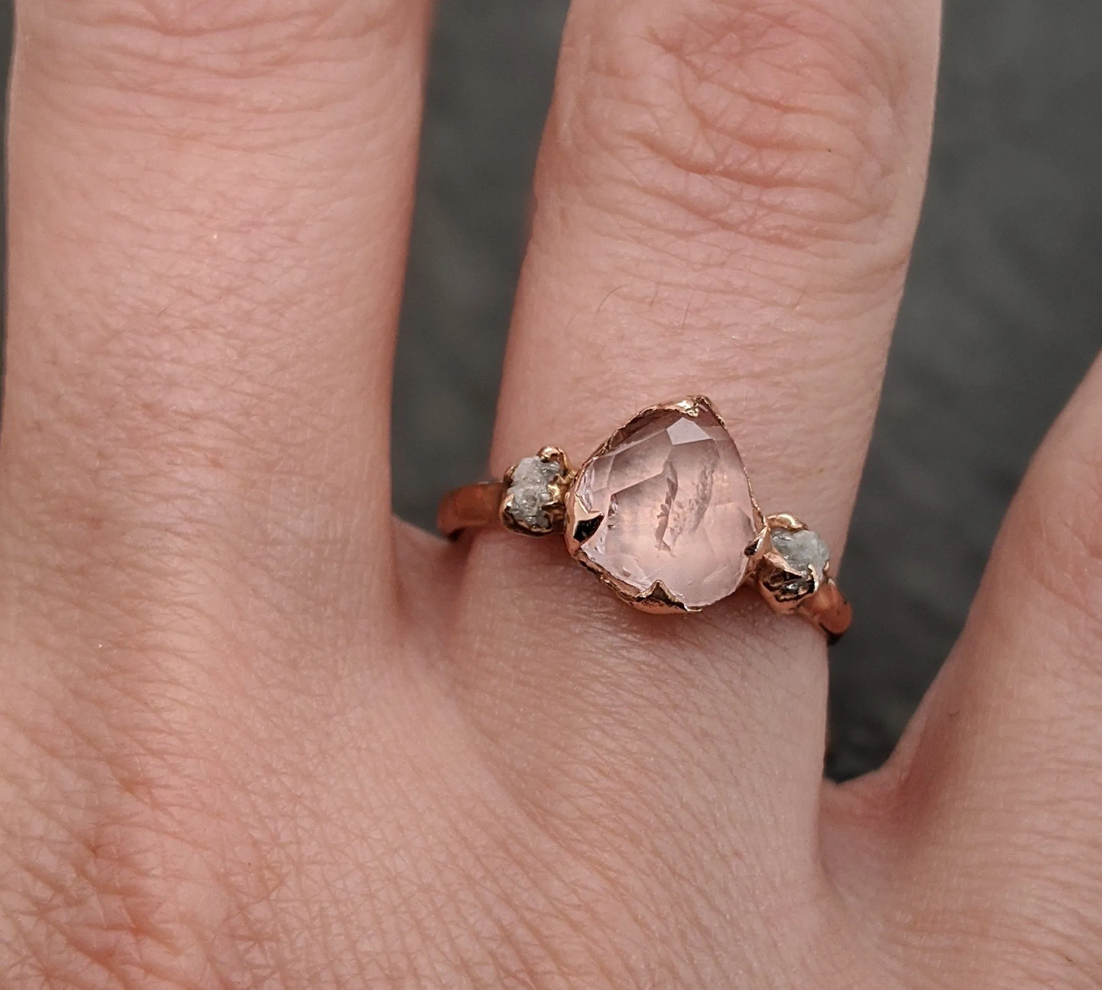 partially faceted morganite diamond 14k rose gold engagement ring multi stone wedding ring custom one of a kind gemstone ring bespoke pink conflict free by angeline 2096 Alternative Engagement