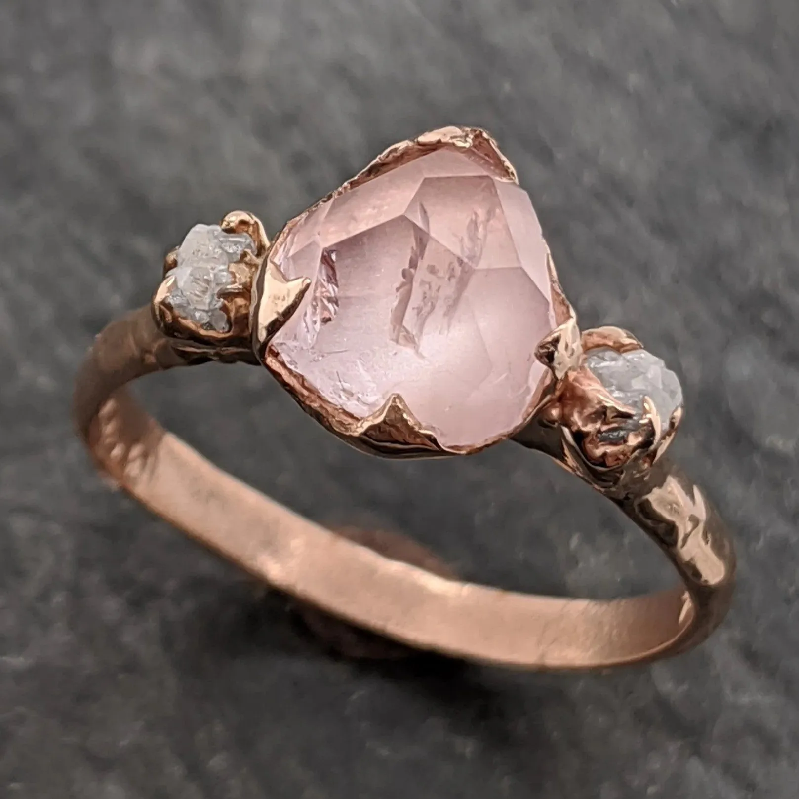 partially faceted morganite diamond 14k rose gold engagement ring multi stone wedding ring custom one of a kind gemstone ring bespoke pink conflict free by angeline 2096 Alternative Engagement