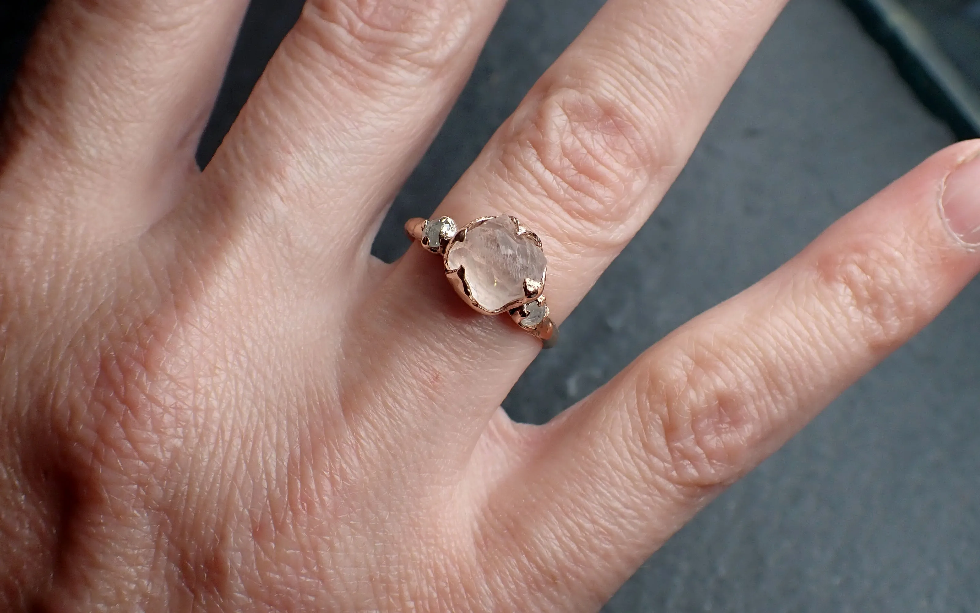partially faceted morganite diamond 14k rose gold engagement ring multi stone wedding ring custom one of a kind gemstone ring bespoke pink conflict free by angeline 2533 Alternative Engagement