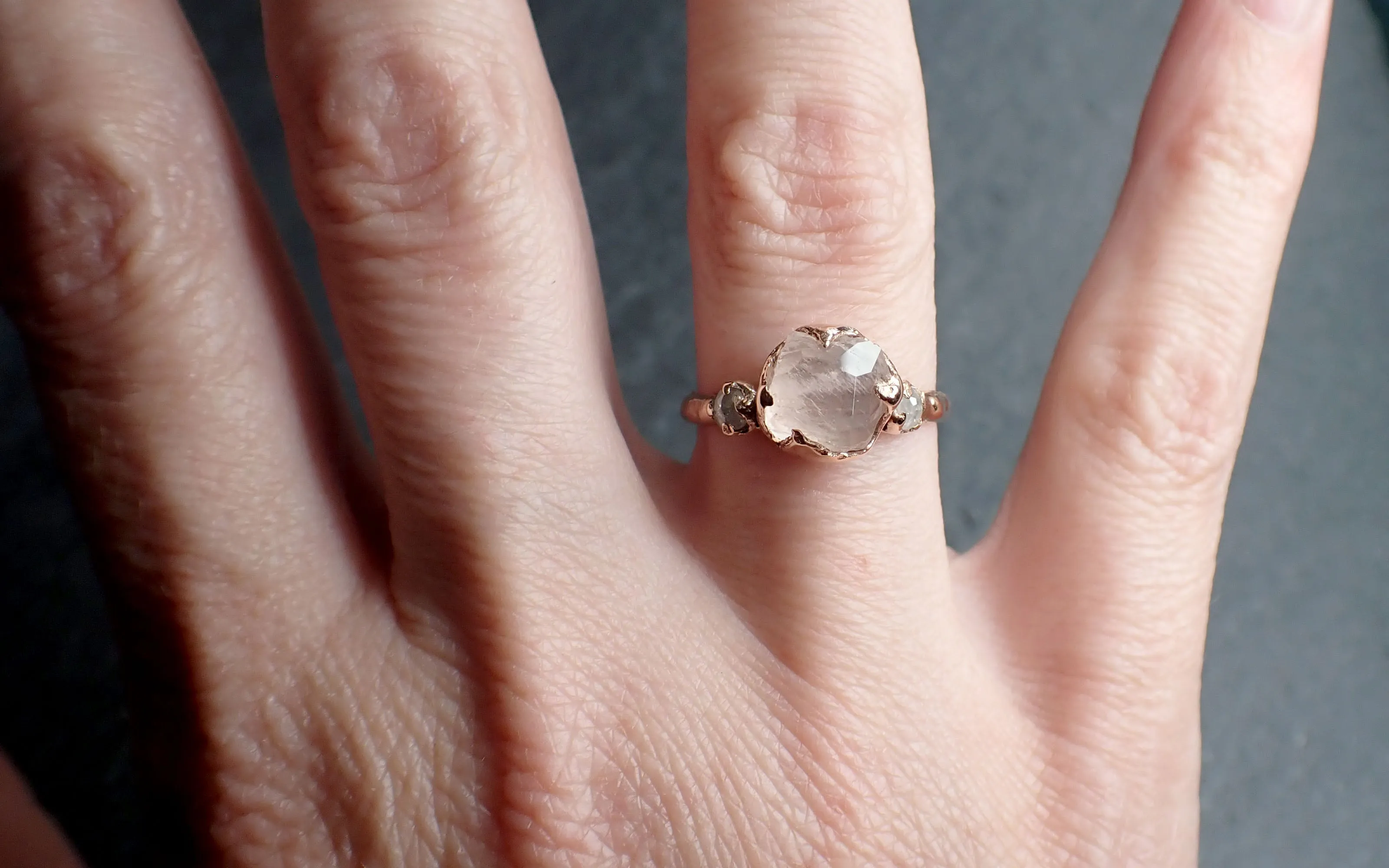 partially faceted morganite diamond 14k rose gold engagement ring multi stone wedding ring custom one of a kind gemstone ring bespoke pink conflict free by angeline 2533 Alternative Engagement