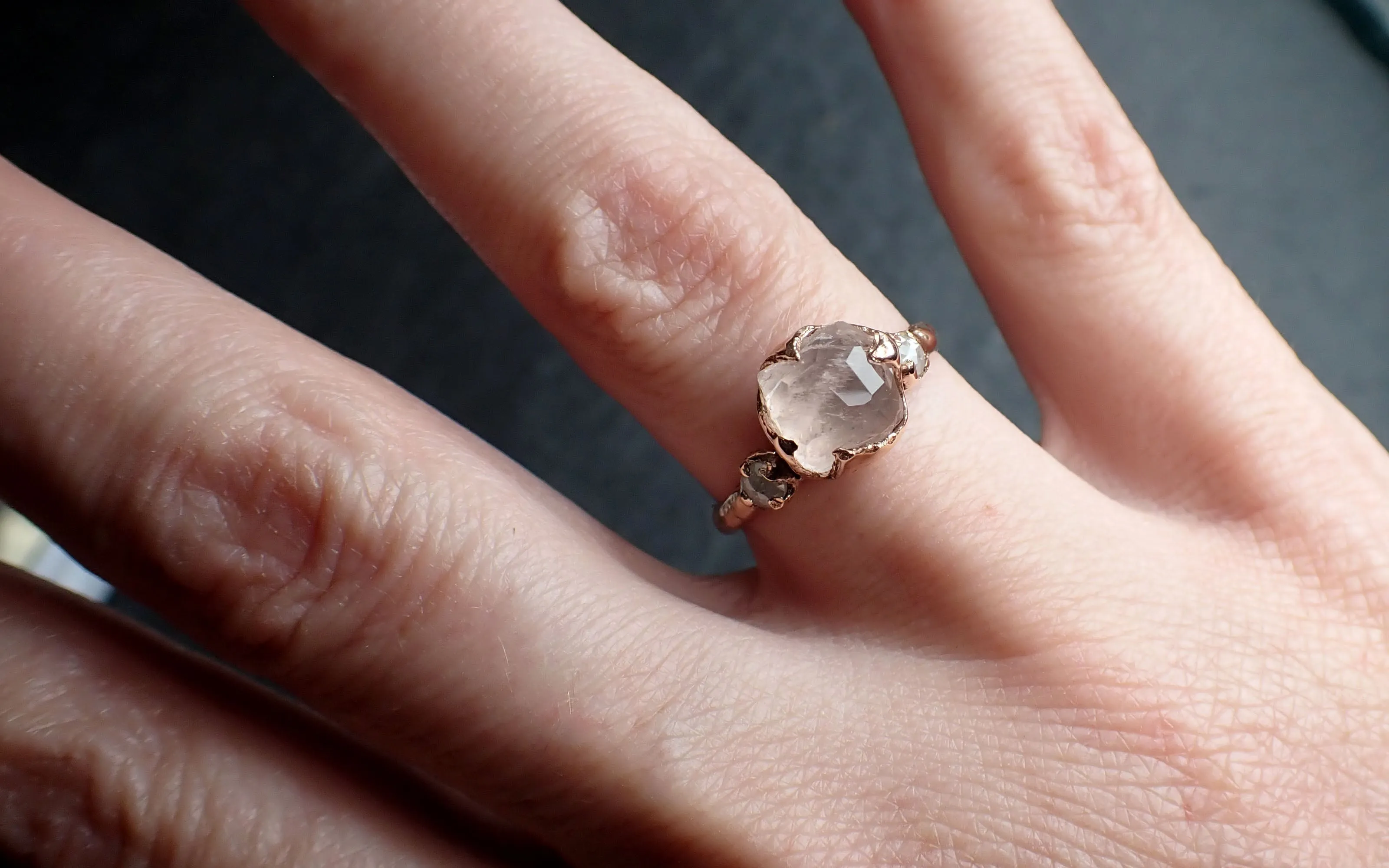 partially faceted morganite diamond 14k rose gold engagement ring multi stone wedding ring custom one of a kind gemstone ring bespoke pink conflict free by angeline 2533 Alternative Engagement