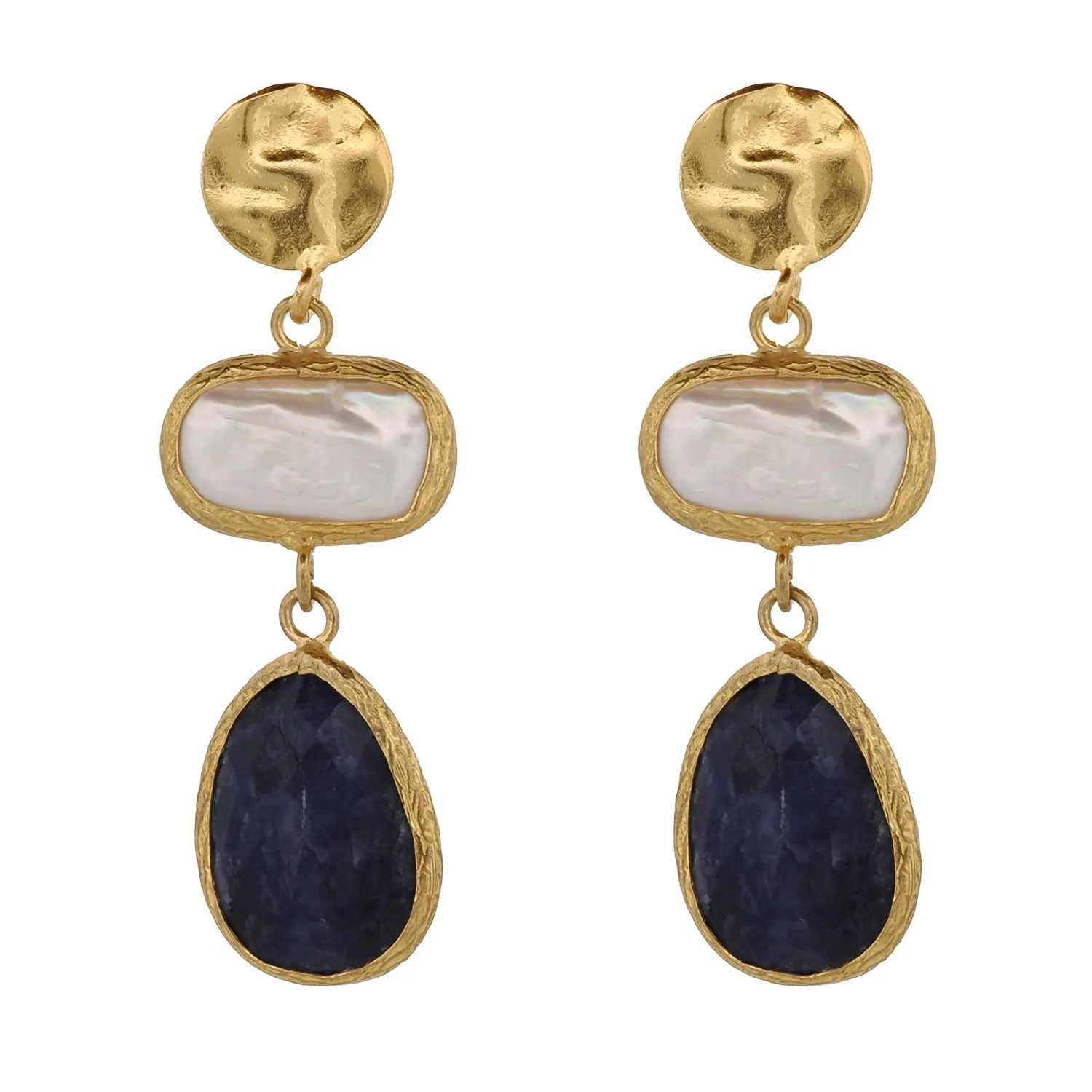 Pearl & Sapphire Gemstone Gold Statement Earrings