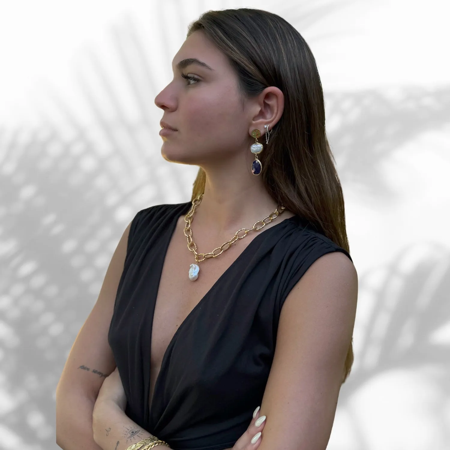 Pearl & Sapphire Gemstone Gold Statement Earrings