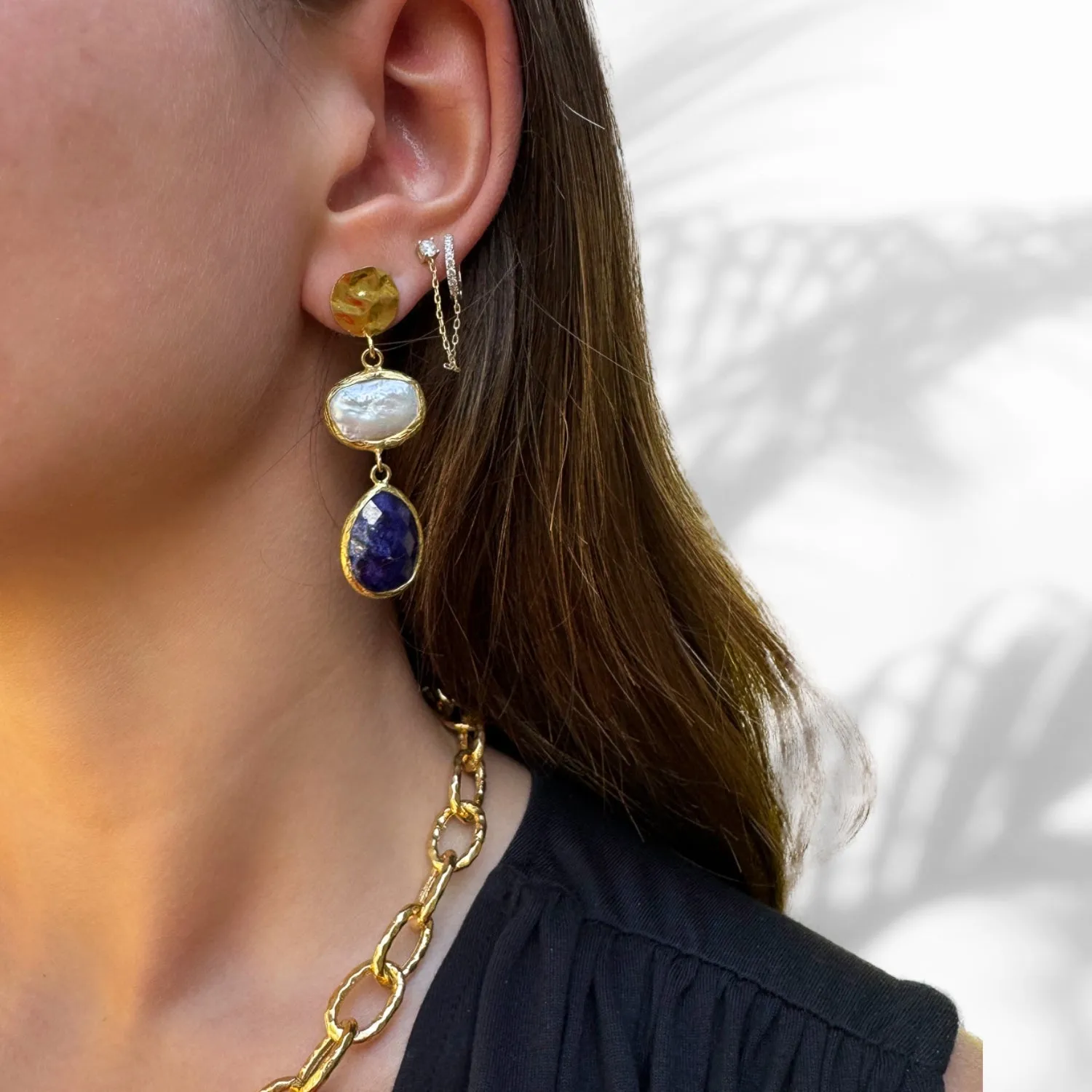 Pearl & Sapphire Gemstone Gold Statement Earrings