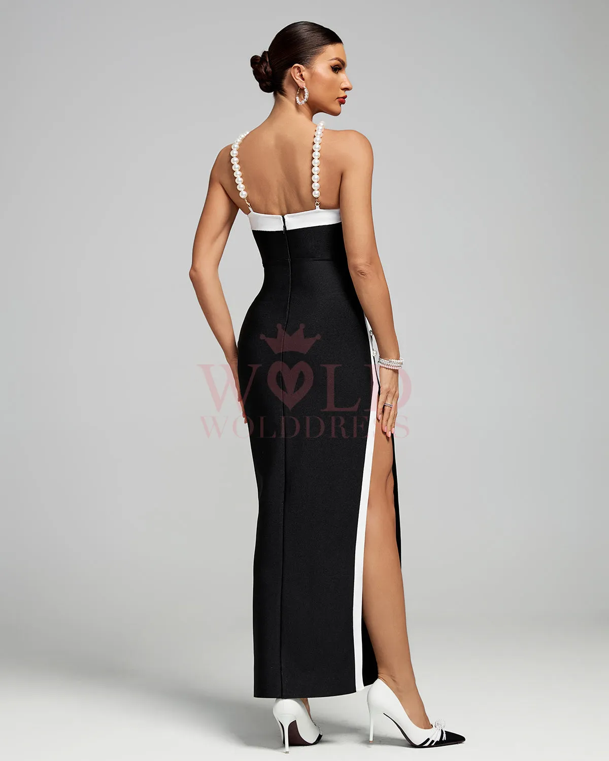 Pearl-Embellished Halter Maxi Bandage Dress