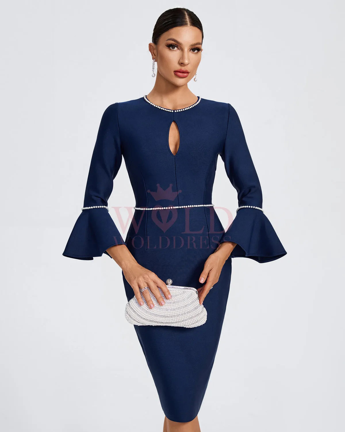 Pearl Trim Pagoda-Sleeve Midi Bandage Dress