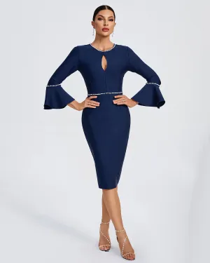 Pearl Trim Pagoda-Sleeve Midi Bandage Dress