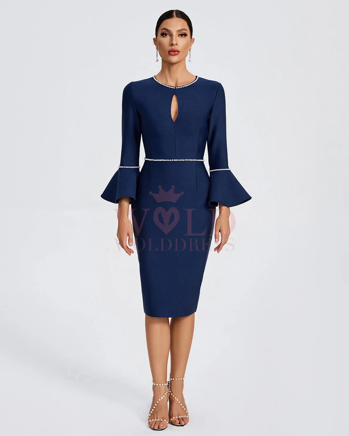 Pearl Trim Pagoda-Sleeve Midi Bandage Dress
