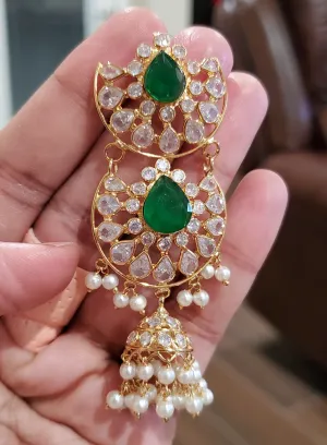 PREORDER Polki Pearl Long Jhumkas Green