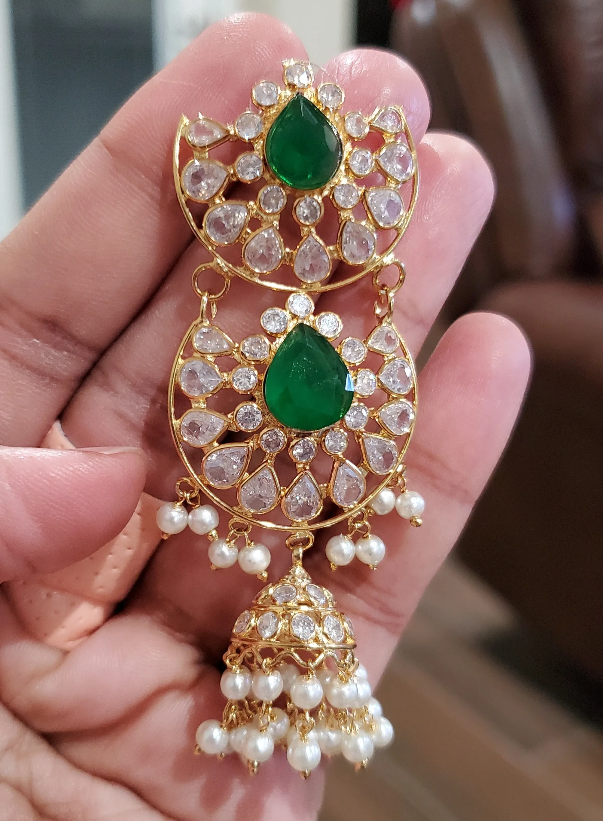 PREORDER Polki Pearl Long Jhumkas Green