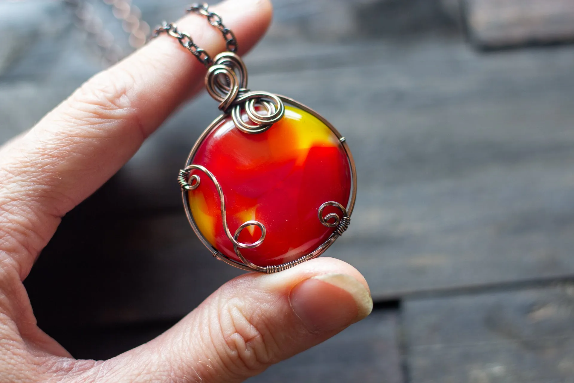 "Shades of Sunrise" Fused Glass Statement Pendant with Copper Wire