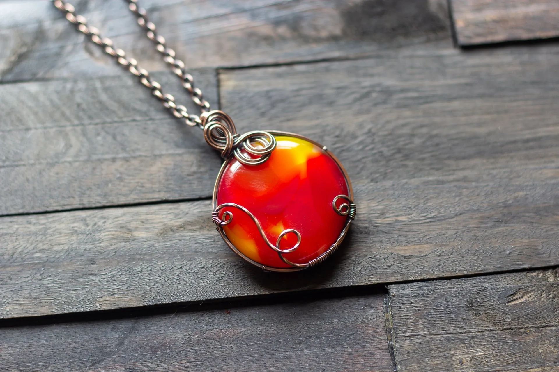 "Shades of Sunrise" Fused Glass Statement Pendant with Copper Wire