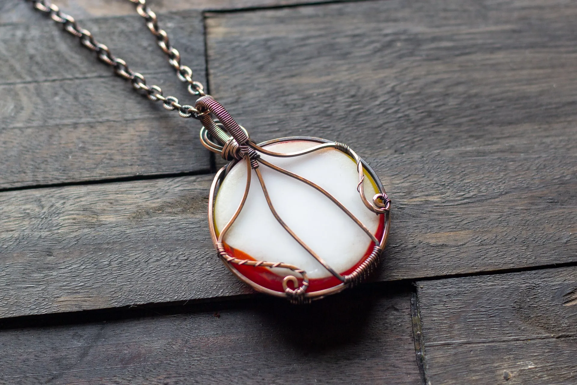 "Shades of Sunrise" Fused Glass Statement Pendant with Copper Wire