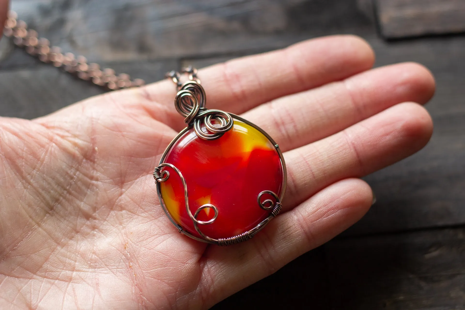 "Shades of Sunrise" Fused Glass Statement Pendant with Copper Wire