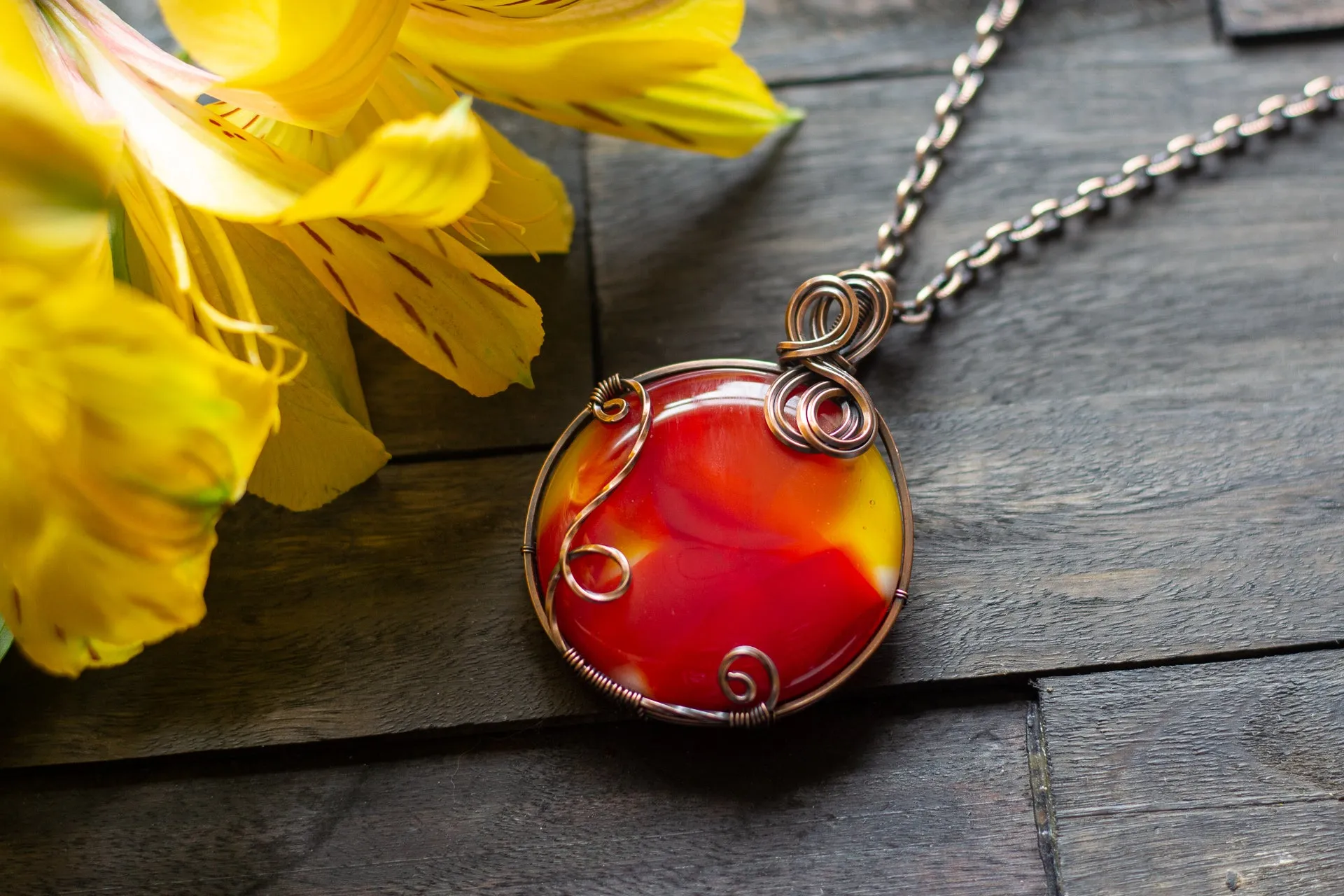 "Shades of Sunrise" Fused Glass Statement Pendant with Copper Wire
