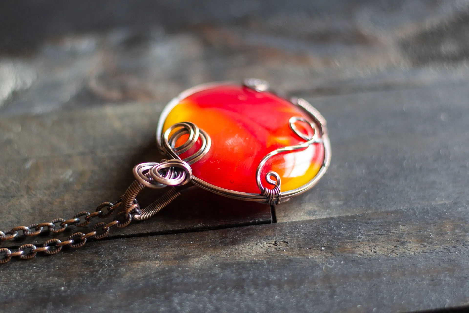 "Shades of Sunrise" Fused Glass Statement Pendant with Copper Wire