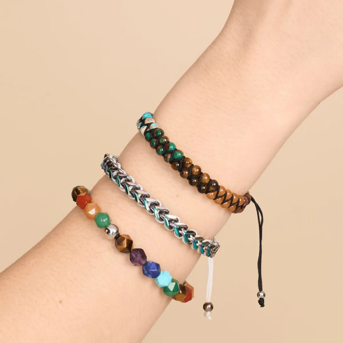 Rainbow Chakra | 7 Gemstone Geom Bracelet | Unicorn Silver