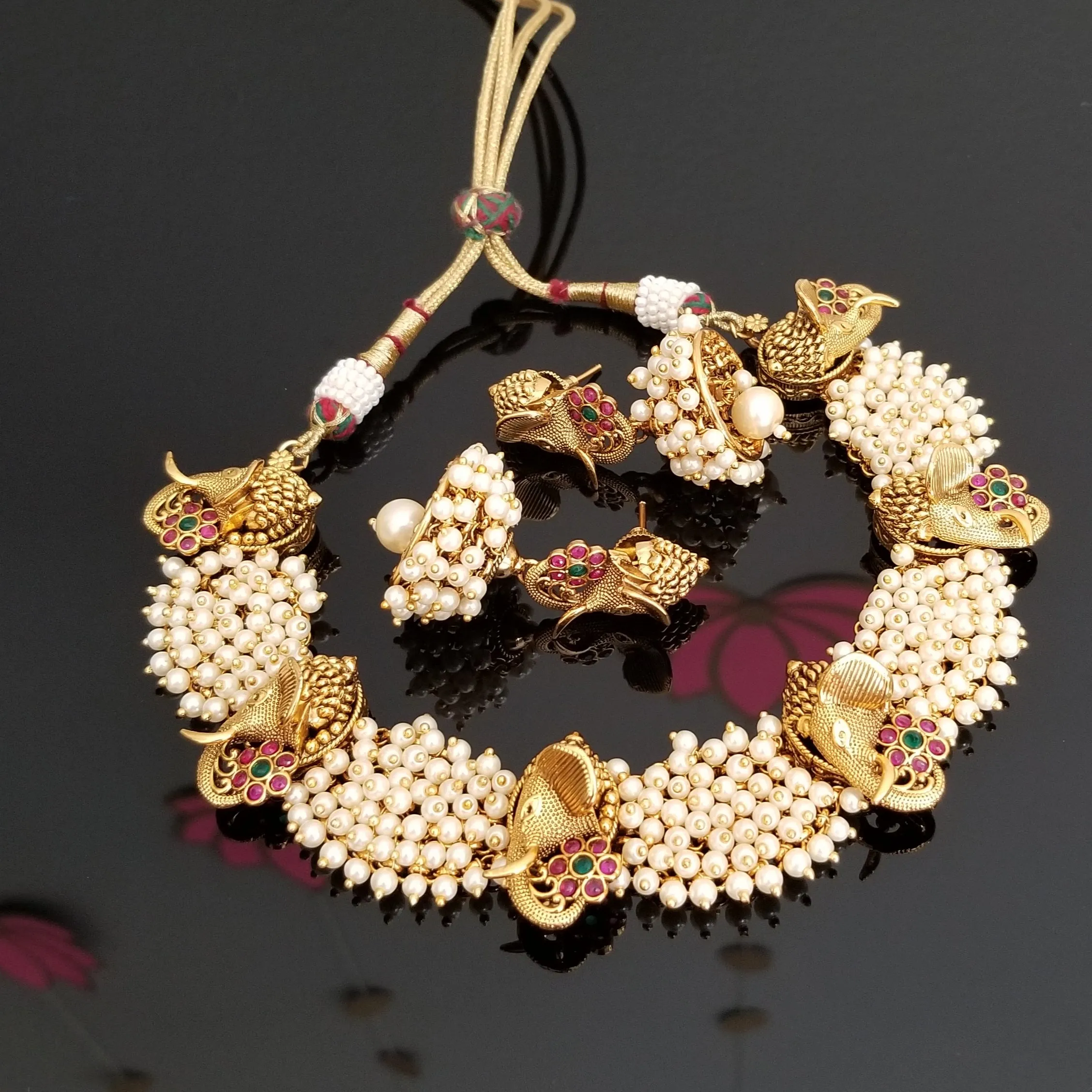 Reserved For Akhila Vaka South Indian Pearl Necklace Set With Elephant Design BT4