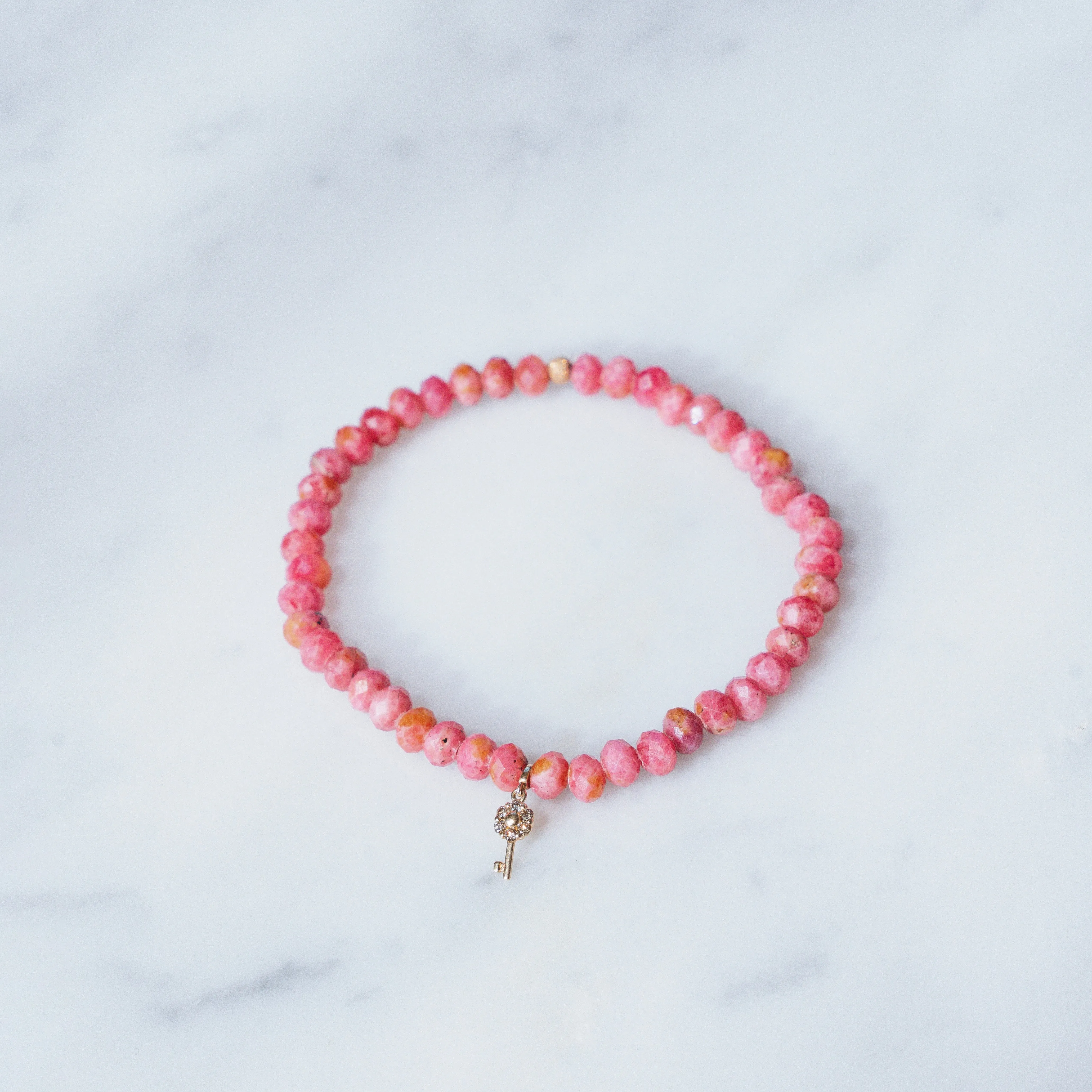 Rhodochrosite Bracelet with 14K Key Charm