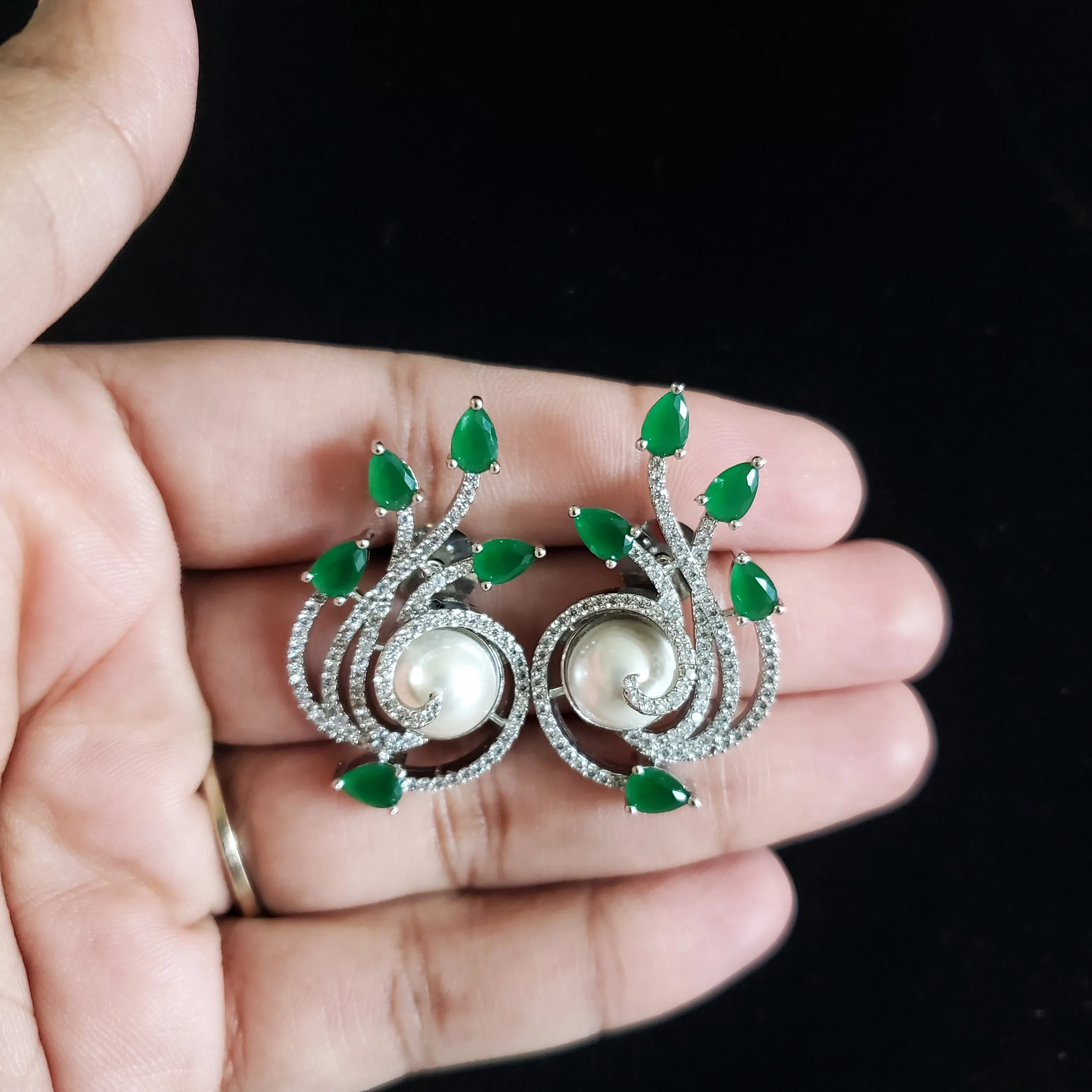 Rohini Cubic Zirconia Pearl Earring With Gold Plating Green