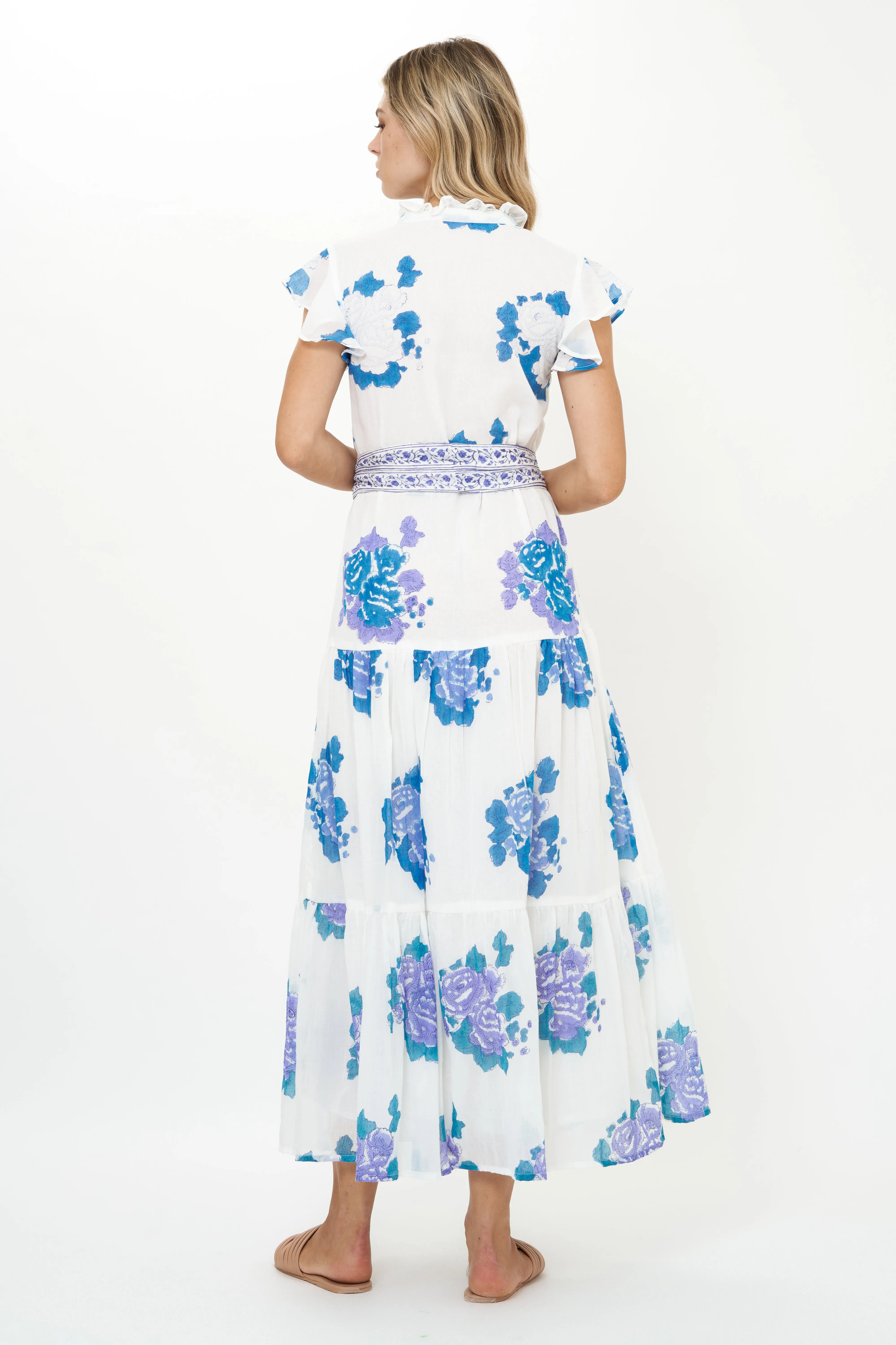 Ruffle Collar Button Maxi- Portofino Blue